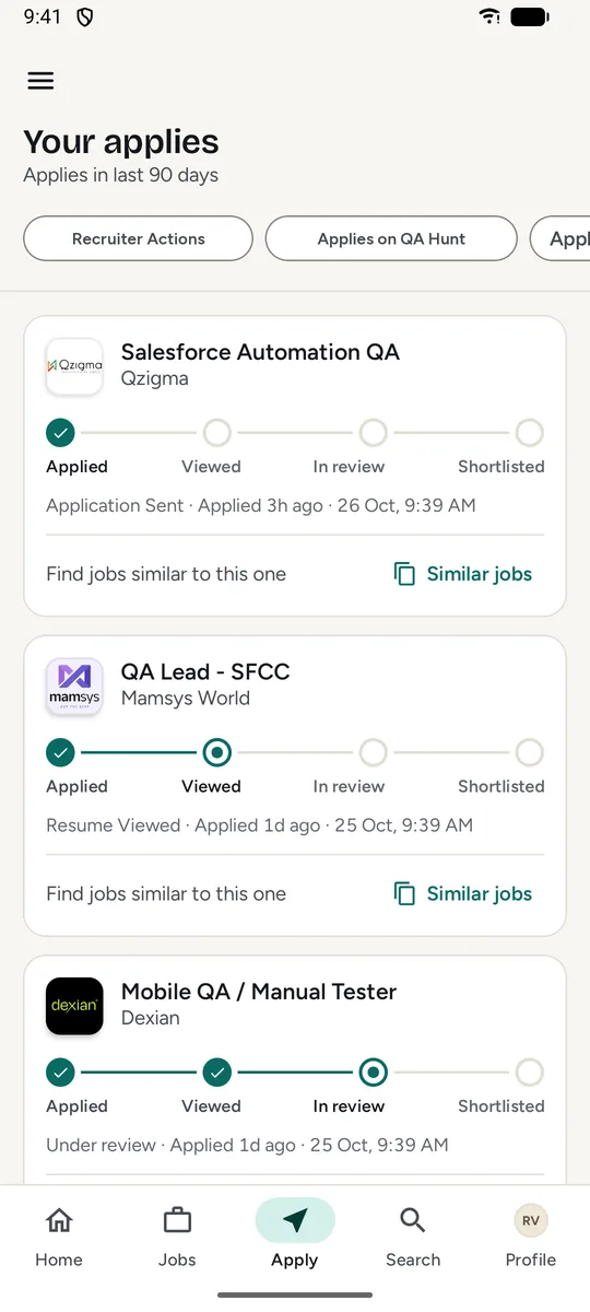 The Apply tab, Your applies: each application with an Applied, Viewed, In review, Shortlisted progress line and its date.