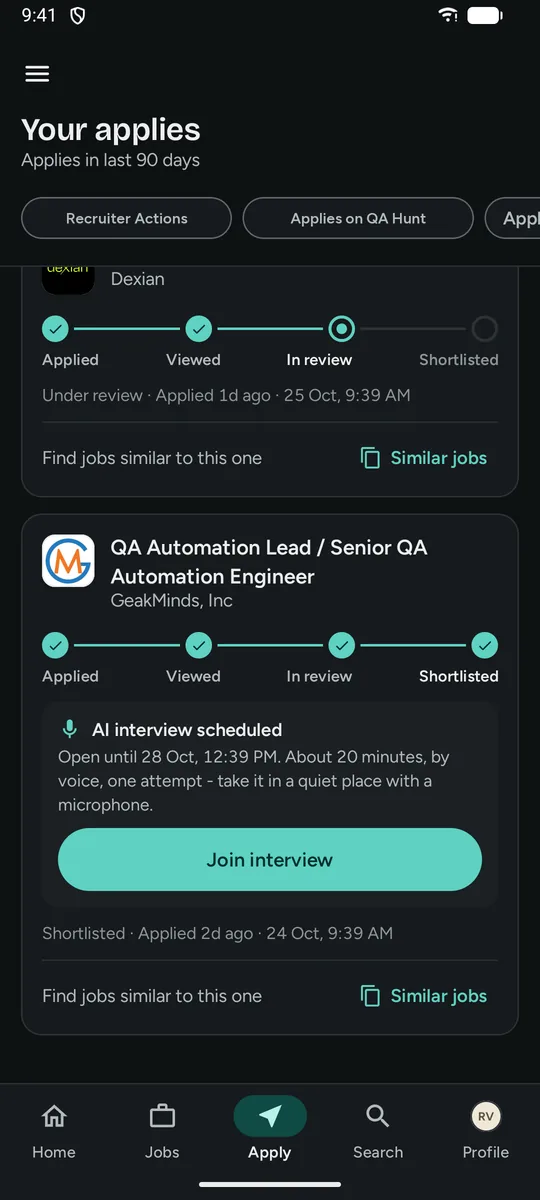 A shortlisted application in dark mode with an AI interview scheduled card: open until a date, about 20 minutes, by voice, one attempt, and a Join interview button.