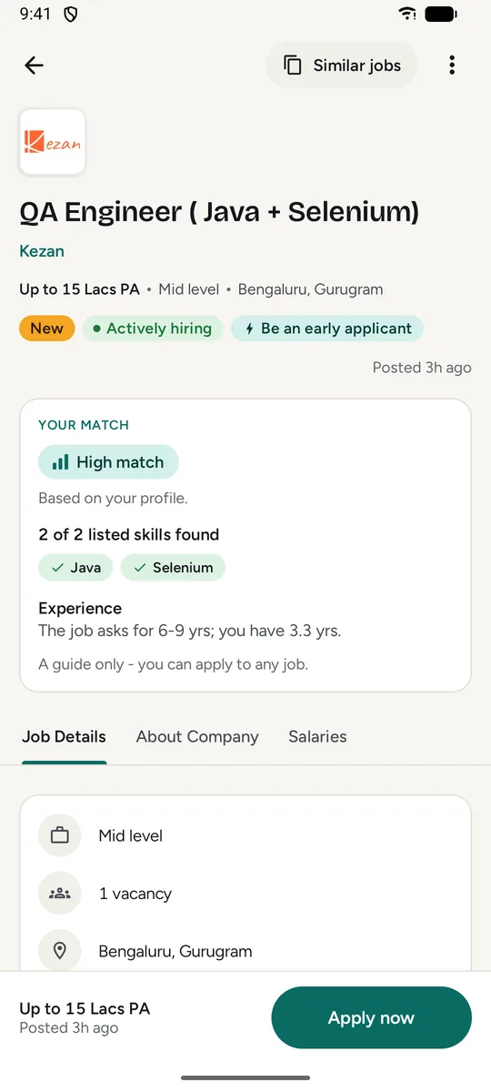 A job page in QA Hunt with a Your match card: High match, 2 of 2 listed skills found, Java and Selenium.