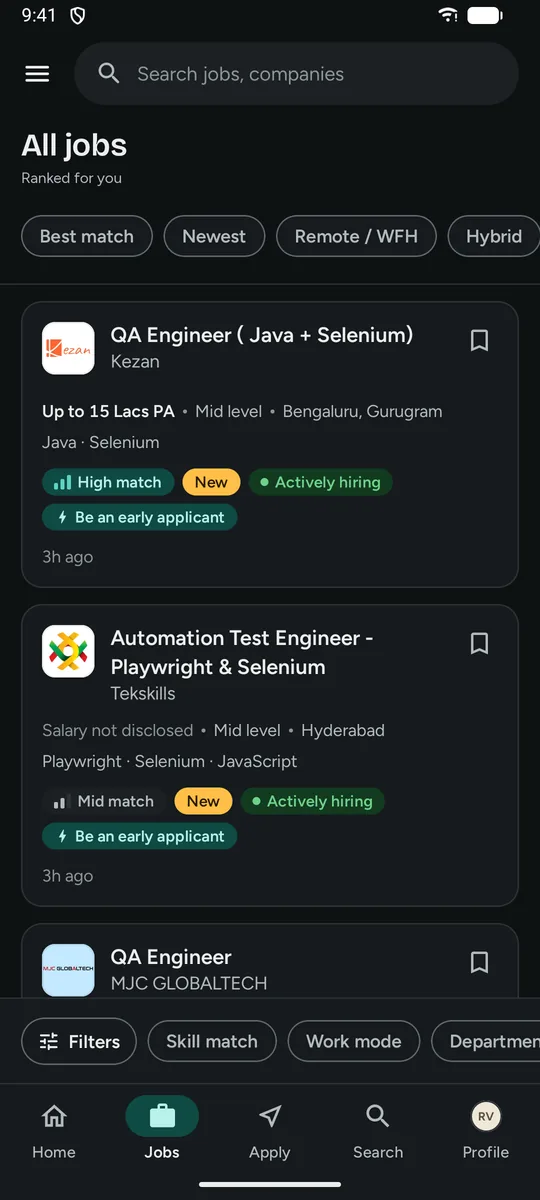 The QA Hunt Jobs tab in dark mode with ranked job cards and match badges.
