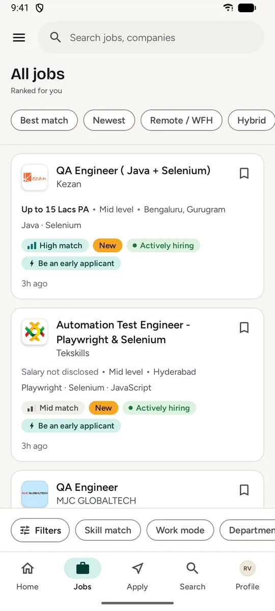 The QA Hunt Jobs tab, ranked for you: job cards with salary, experience, location, skills and badges such as High match, New and Actively hiring.
