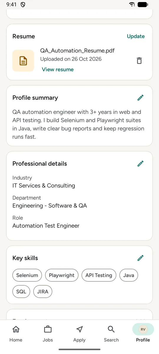 The Profile tab: an uploaded resume with a View resume link, the profile summary, professional details and key skills.