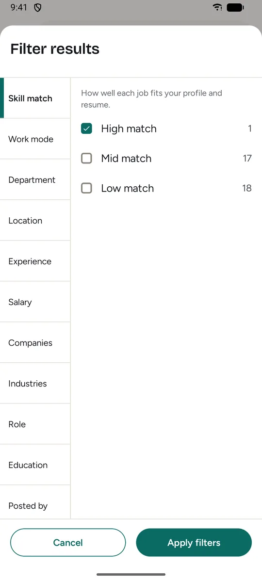 The filter sheet open on Skill match with High match selected and a job count next to High, Mid and Low match.